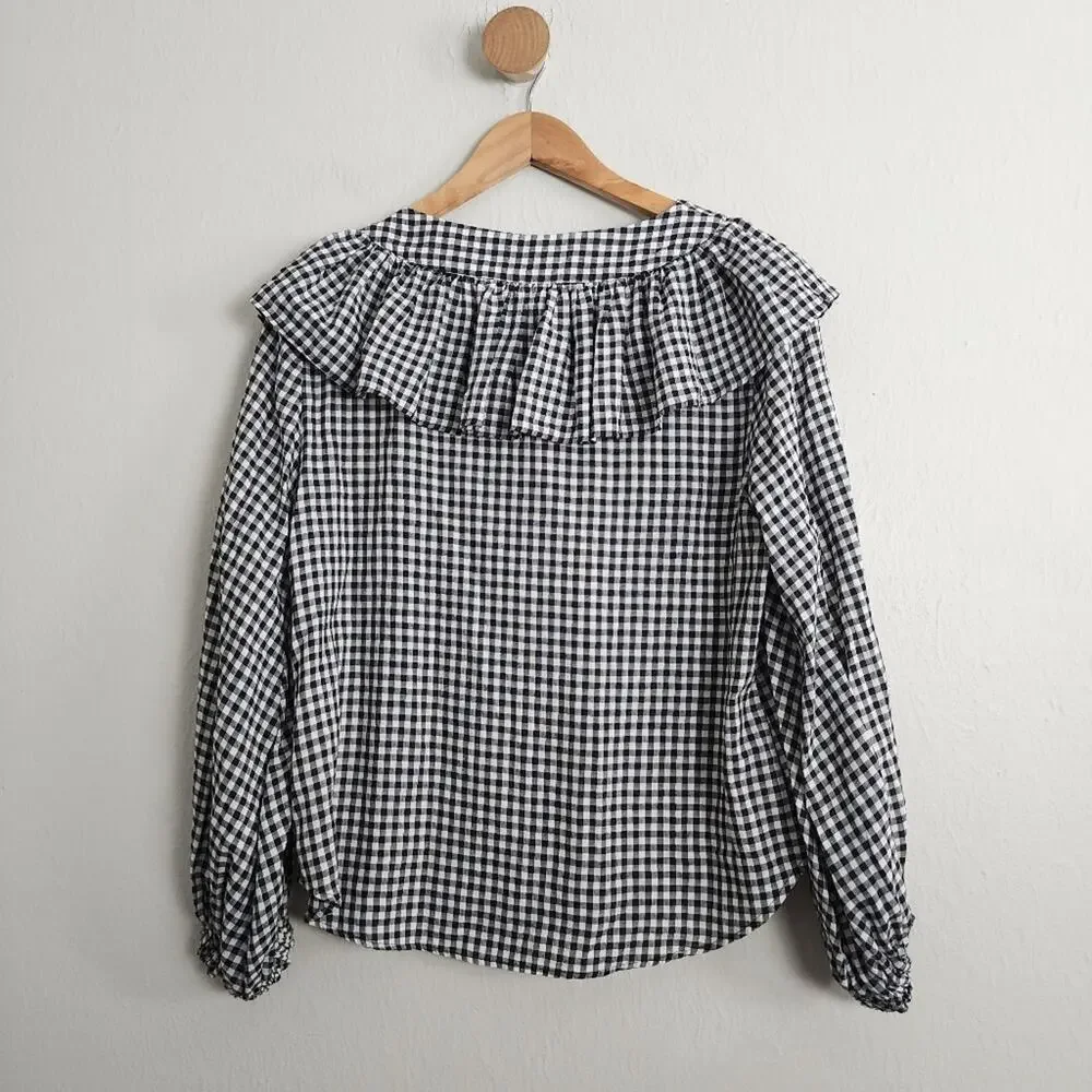Zara Black White Gingham Check Ruffle Yoke Blouse Frill Long Sleeve Top Small